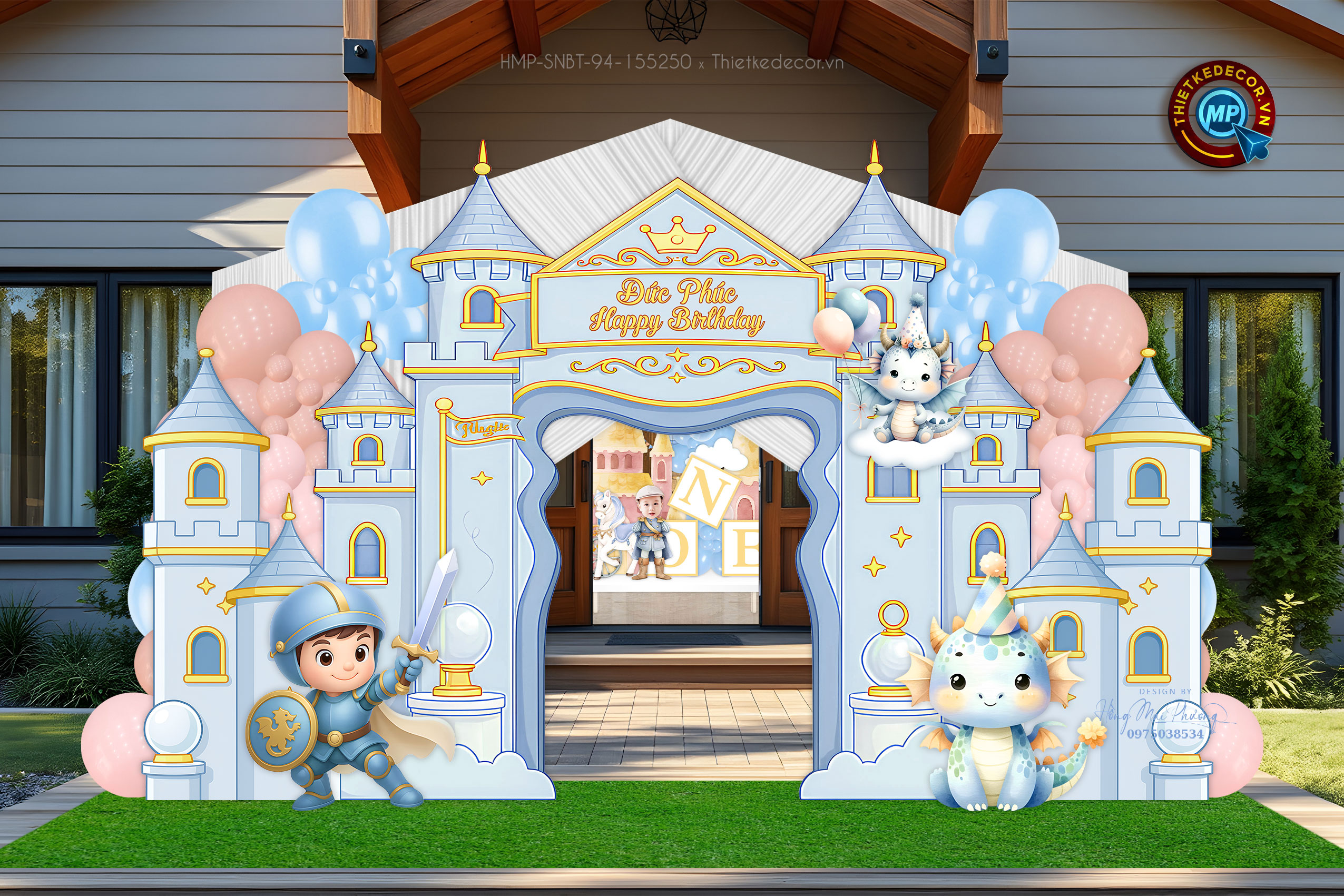 Cổng tiệc sinh nhật bé trai tone xanh, bé tuổi rồng